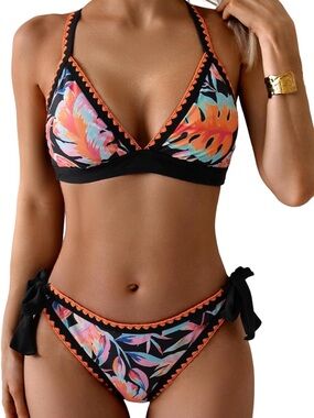 Tropical Black Floral Tie-Side Bikini - Black